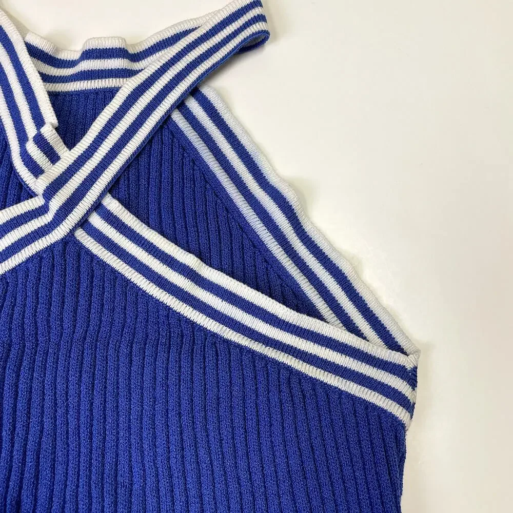 St John Sport by Marie Gray Blue Ribbed Knit Halter Tank Top S Striped - Picture 15 of 16